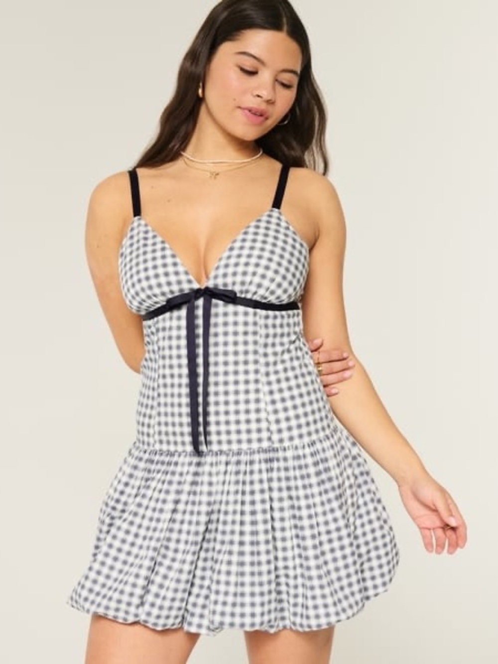 Hollister Navy & White Gingham Bubble Mini Dress with Bow Detail - Large Tall